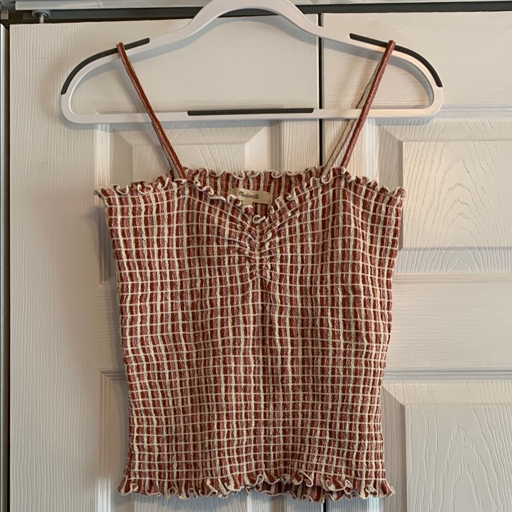 Madewell, Smocked Tank Top, Camisole, pink and cream, size medium, EUC